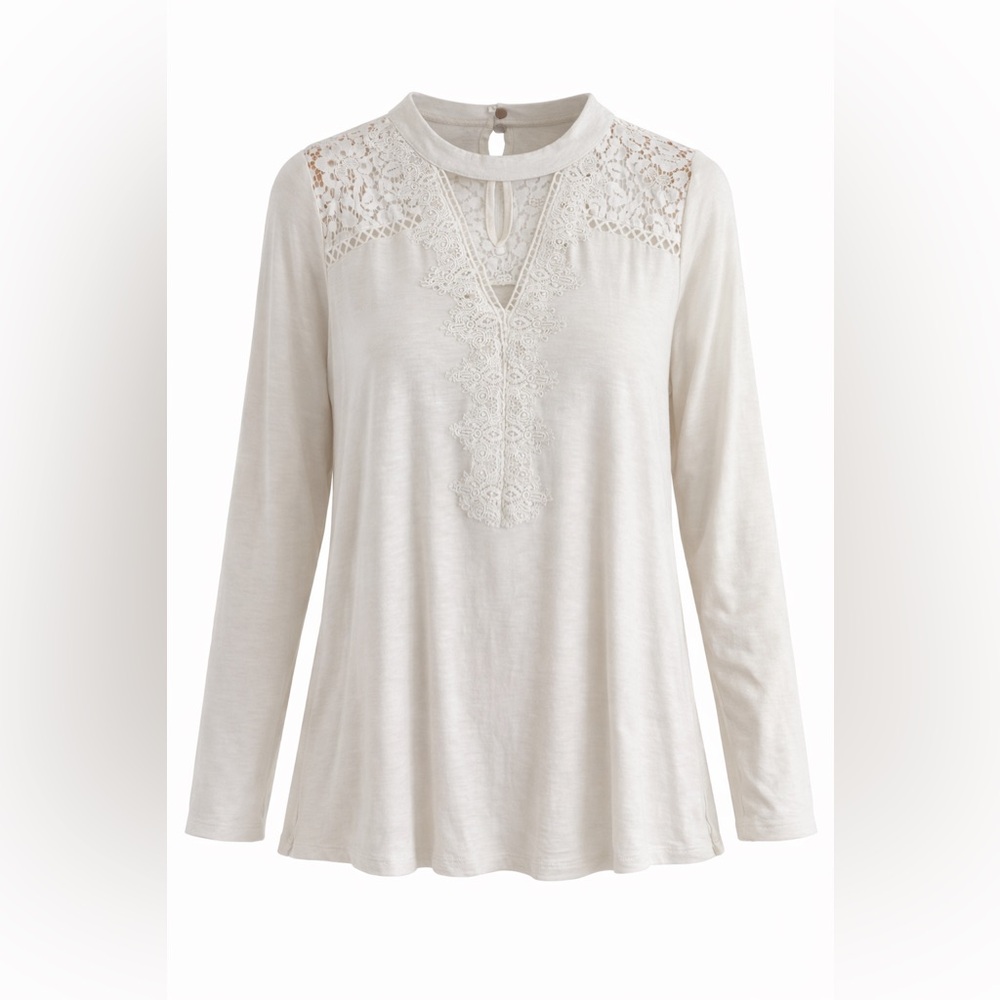 Ivory Lace Yoke Semi-Sheer Blouse | Long Sleeve | Boho Romantic | Large